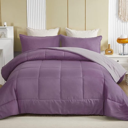 Exclusivo Mezcla Lightweight Reversible King Size Comforter Set, Down Alternative Comforter with 2 Pillow Sham, King Size Bedding Set for All Seasons, Dusty Lavender/Lilac Ash