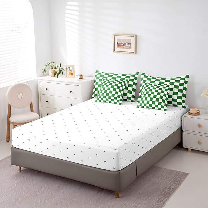 Feelyou Checkered Retro 7 Piece Bedding Set Teen Women Men Green White Plaid Comforter Set with Sheets King Size Kids Boys Geometric Vintage Bed in a Bag Modern Simple Groovy Aesthetic Room Decor