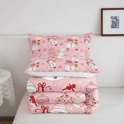 Cute Snowman Comforter Set Kids King Size,Cartoon Christmas Tree Bells and Snowflake Pattern Quilt Set Pink White Red Bedding Set for Girls Boys Woman Room Decor,Soft Winter Duvet Insert 3Pcs