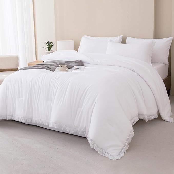 Andency Oversized King Comforter Set White 120x98-7 Pieces Boho Tassel Bed in a Bag Soft Lightweight Bedding Sets, Fringe All Season Bed Set with Comforter, Sheets, Pillowcases & Shams