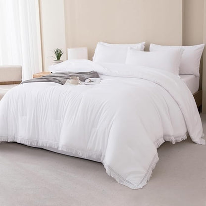 Andency Oversized King Comforter Set White 120x98-7 Pieces Boho Tassel Bed in a Bag Soft Lightweight Bedding Sets, Fringe All Season Bed Set with Comforter, Sheets, Pillowcases & Shams