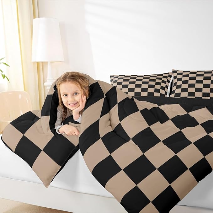 Feelyou Checkered Retro Kids Comforter Set Toddler Size Brown Plaid Bedding Set Geometric Vintage Duvet Quilt for Kids Boys Girls Bedroom Modern Simple Groovy Aesthetic Decor