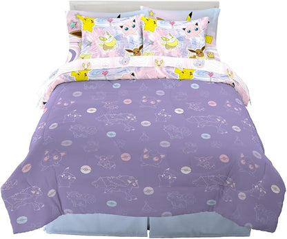 Pokémon Eevee, Pikachu, Jigglypuff Girl Bedding Soft Cozy Reversible Microfiber Comforter and Sheet Set with Sham, 7 Piece Full Size, (Official Licensed Product) by Franco Kids