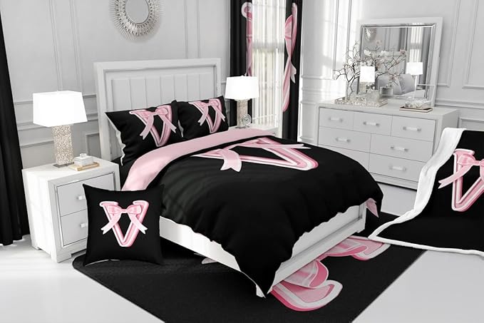 jejeloiu Kawaii Pink Bow Twin Comforter Set with Sheets,Gifts for Women Teen Girl,Monogrammed 7 Piece Bedding Set,Soft Personalized Initial Letter V Bed in a Bag with Comforter,Sheets,Pillowcases