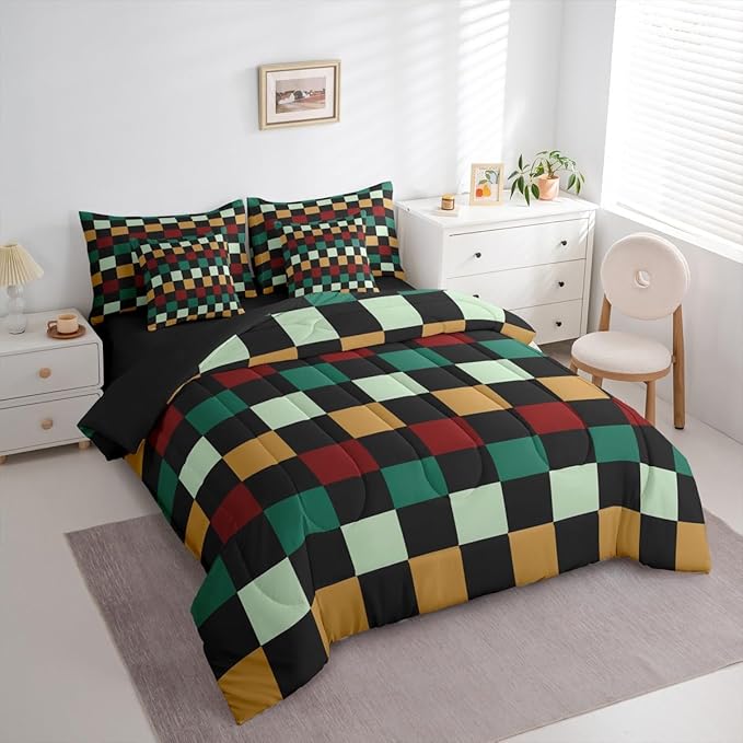Checkered Retro Comforter Set with Sheets 7 Piece Full Size Green Red Yellow Plaid Bedding Set for Kids Boys Girls Geometric Vintage Bed in a Bag Modern Simple Groovy Aesthetic Room Decor Soft