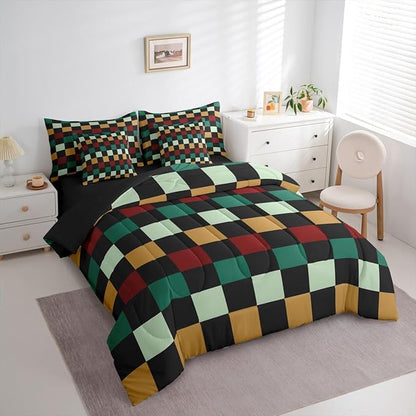 Checkered Retro Comforter Set with Sheets 7 Piece Full Size Green Red Yellow Plaid Bedding Set for Kids Boys Girls Geometric Vintage Bed in a Bag Modern Simple Groovy Aesthetic Room Decor Soft