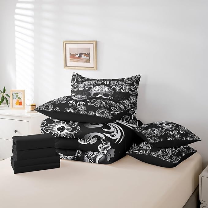 Gothic Skull Comforter Set in a Bag 7 Pieces,Halloween Flower Skeleton Bed Set Twin,Bohemian Victorian Style Bedding Sets,(1 Comforter,2 Pillowcase,2 Pillow Covers,1 Flat Sheet,1 Fitted Sheet)