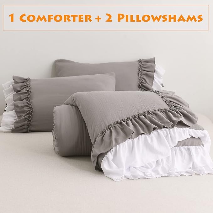 Masaca Shabby Ruffled Comforter King Size,Vintage Farmhouse Ruffle King Size Comforter Set French Country Rustic Aesthetic Bedding Extra Soft 3 Pieces
