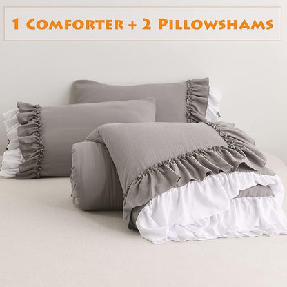 Masaca Ruffle Queen Comforter Set,Grey White Ruffled Comforter Sets for Queen Bed Shabby Boho Chic Farmhouse Bedding Set(1 Ruffle Comforter and 2 Pillowcases)