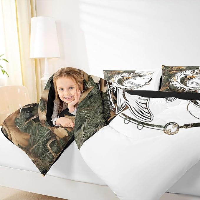 Erosebridal Camo Fishing King Bedding Set - Big Bass Pike Fish Comforter Set for Boys Kids Men | Rustic Cabin Farmhouse Quilt | Camouflage Hunting Bedroom Decor with 2 Pillowcases