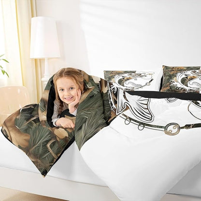 Erosebridal Camo Fishing King Bedding Set - Big Bass Pike Fish Comforter Set for Boys Kids Men | Rustic Cabin Farmhouse Quilt | Camouflage Hunting Bedroom Decor with 2 Pillowcases