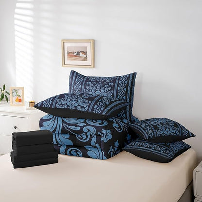 Comforter Set Full Size, Navy Blue Aztec Damask 7 Pcs Bedding for Kids and Adults, Victorian Decor Western Baroque Goth Bed Sheet Sets with Fitted Sheet 2 Pillowcases & 2 Shams for Bedroom Bed Decor