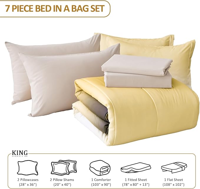 Anibedding Gradient Yellow Comforter Set King Size 7 Pieces Ombre Yellow and Grey Bed in a Bag Complete Bedding Set - Breathable Solid Grey Bed Sets w/Flat/Fitted Sheet, 2 Pillowcases, 2 Pillow Shams