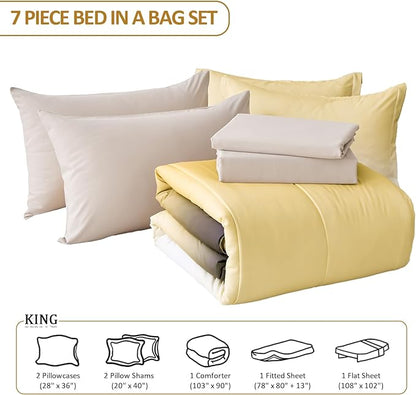 Anibedding Gradient Yellow Comforter Set King Size 7 Pieces Ombre Yellow and Grey Bed in a Bag Complete Bedding Set - Breathable Solid Grey Bed Sets w/Flat/Fitted Sheet, 2 Pillowcases, 2 Pillow Shams