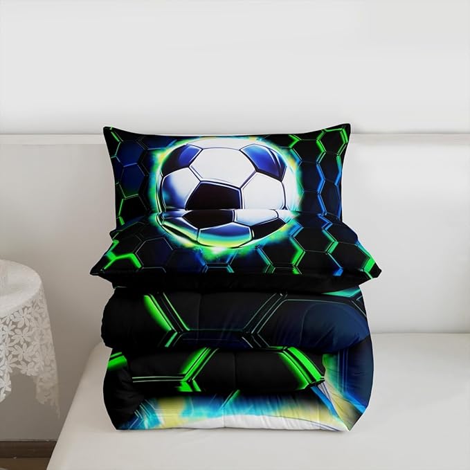 Football Comforter Set Full Size,Soccer Game Ball Sports Kids Bedding Set,Geometric Honeycomb Hexagon Quilt Comforter,Black Green Duvet Insert,2 Pillowcases