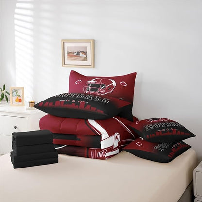 Erosebridal Football City 7 Piece Bedding Set King American Soccer Comforter Set with Sheets for Kids Boys Teen Adults,Sports Rugby Bed in A Bag Ball Competitive Games Bed Set,Brown Black