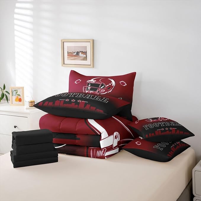 Erosebridal Football City 7 Piece Bedding Set Twin American Soccer Comforter Set with Sheets for Kids Boys Teen Adults,Sports Rugby Bed in A Bag Ball Competitive Games Bed Set,Brown Black