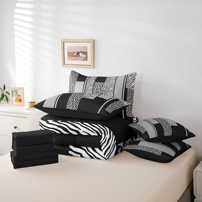 Erosebridal Grey Black Leopard Print Stripes King 7-Piece Comforter Set | Zebra Cheetah Fur Pattern Sheets and Pillowcases Wild Animal Skin Bed in A Bag Geometric Adults Men Women Bed Sets