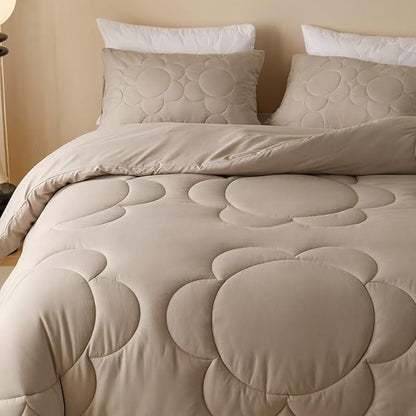 Cottonight Beige Khaki Comforter Set Full Light Khaki Sunflower Bedding Comforter Set Women Men Beige Mocha Blanket Quilts Big Flower Printed 3 Piece Soft Breathable Bedding Set Full Size