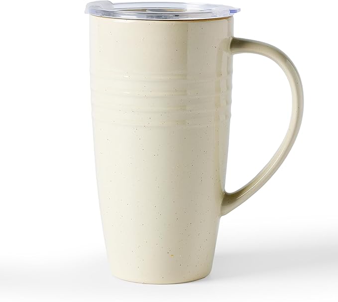 famiware Jupiter Large Coffee Mug, 20oz Coffee Mug with Lid, Ceramic Cup with Handle for Latte, Tea, Cocoa, Milk, Home & Office, Microwave and Dishwasher Safe, Vanilla White