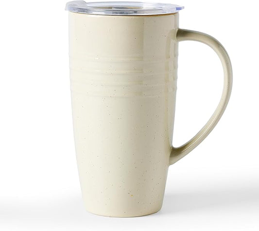 famiware Jupiter Large Coffee Mug, 20oz Coffee Mug with Lid, Ceramic Cup with Handle for Latte, Tea, Cocoa, Milk, Home & Office, Microwave and Dishwasher Safe, Vanilla White