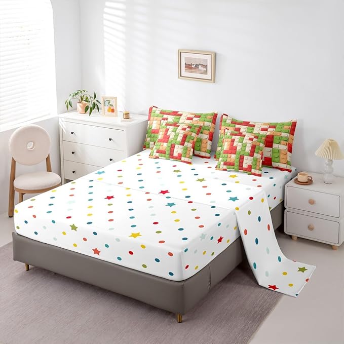 Feelyou Building Block Print 7 Piece Bedding Set King Size Kids Brick Styles Comforter Set with Sheets for Boys Teens Colorful Gaming Bed in a Bag Green Red Yellow Room Decor