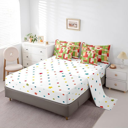 Feelyou Building Block Print 7 Piece Bedding Set King Size Kids Brick Styles Comforter Set with Sheets for Boys Teens Colorful Gaming Bed in a Bag Green Red Yellow Room Decor