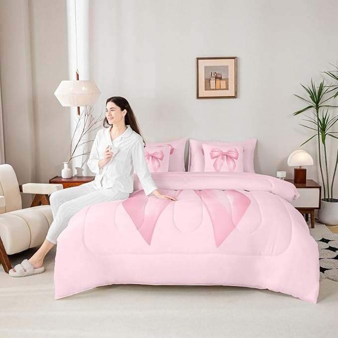 Feelyou Pink Bow Comforter Set King Size 7 Pieces Cute Bowknot Bedding Set for Kids Boys Girls Pricess Style Bed in a Bag with Comforter, Sheets, Pillowcases, Cushion Covers Kawaii Bedroom Decor