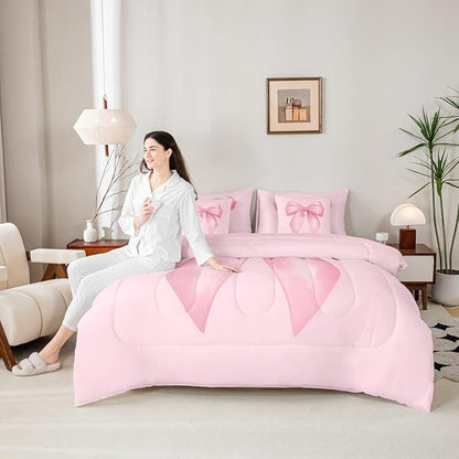 Feelyou Pink Bow Comforter Set Queen Size 7 Pieces Cute Bowknot Bedding Set for Kids Boys Girls Pricess Style Bed in a Bag with Comforter, Sheets, Pillowcases, Cushion Covers Kawaii Bedroom Decor
