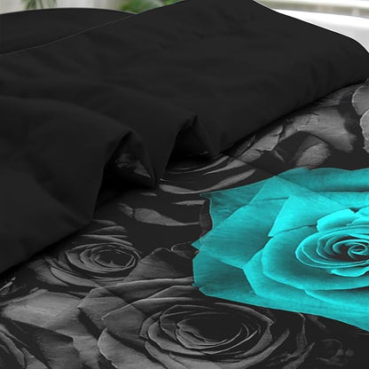 Comforter Set King Size, Cyan Rose Flower 7 Pcs Bedding for Kids and Adults, Summer Vintage Floral Bed Sheet Sets with Fitted Sheet 2 Pillowcases & 2 Shams for Bedroom Bed Decor