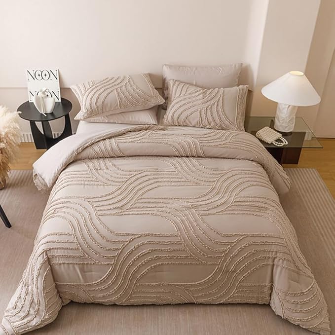 Khaki Twin Comforter Set - 7 Pieces Bed in a Bag, Premium Comforters Twin Size Bed Set Tufted Shabby Chic Bedding Comforter Set with Flat Sheet, Fitted Sheet and Pillowcases,Khaki