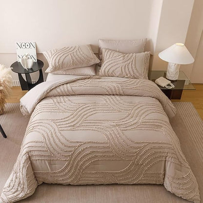 Khaki Twin Comforter Set - 7 Pieces Bed in a Bag, Premium Comforters Twin Size Bed Set Tufted Shabby Chic Bedding Comforter Set with Flat Sheet, Fitted Sheet and Pillowcases,Khaki
