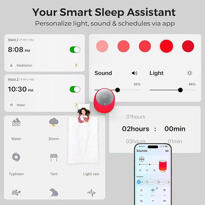 Smart Red Light Therapy Lamp & Sleep Sound Machine for Bedroom with Alarm Clock, 32 White Noises Sound Machine, Night Light with App Control, 5-Level Red Light (620–690nm), 2600mAh Battery（Large）