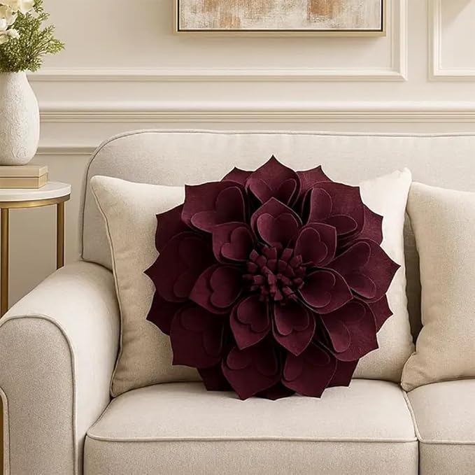Fennco Styles Handmade 3D Heart-Shaped Petals Flower Decorative Filled Throw Pillow 13" Round - Wine Floral Pillow for Couch, Home Décor and Holiday, Housewarming Gift