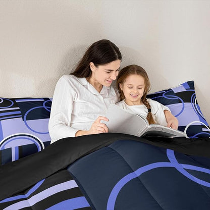 Retro Swirls Bedding Sets Full Geometric Circles Square Comforter For Kids Girls Teens Blue Black Grey Duvet Set Vintage Graphic Patchwork Quilted Comforter Soft Microfiber Bedding Comforter Sets