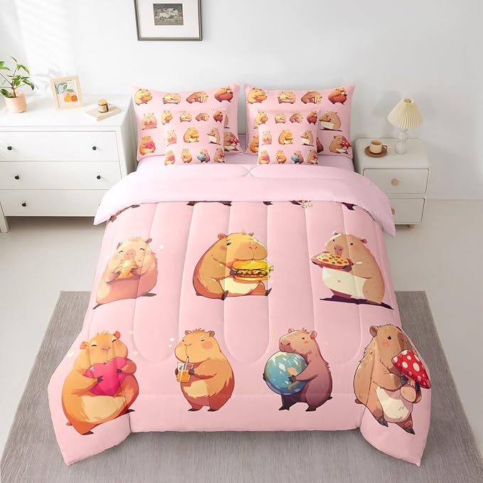 Erosebridal Funny Capybaras 7 Pieces Bedding Set Queen,Capybara Lover Bed in a Bag,Cartoon Rodents Bed Set Includes Comforter,Sheet Set,Pillowcases & Pillow Covers,Pink Khaki Capybara Bedroom Decor