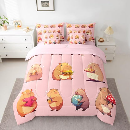 Erosebridal Funny Capybaras 7 Pieces Bedding Set King,Capybara Lover Bed in a Bag,Cartoon Rodents Bed Set Includes Comforter,Sheet Set,Pillowcases & Pillow Covers,Pink Khaki Capybara Bedroom Decor