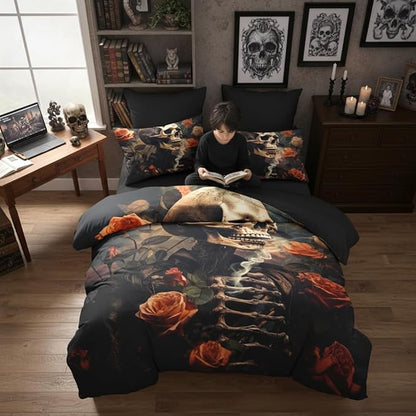 Gothic Skull Comforter Set Queen Size, Dark Floral Microfiber Bedding Set, Horror Themed Bedroom Decor for Adult/Women