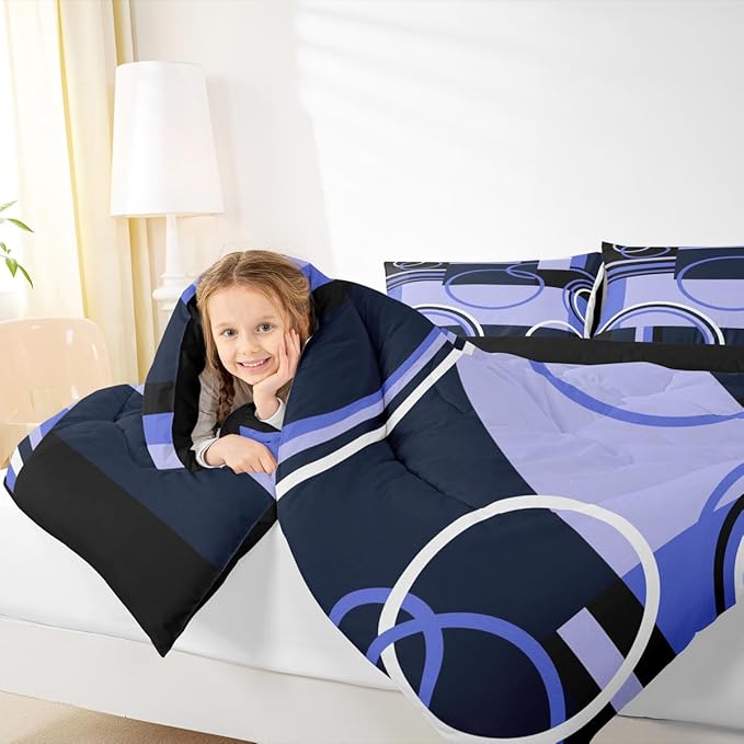 Retro Swirls Bedding Sets Twin Geometric Circles Square Comforter For Kids Girls Teens Blue Black Grey Duvet Set Vintage Graphic Patchwork Quilted Comforter Soft Microfiber Bedding Comforter Sets