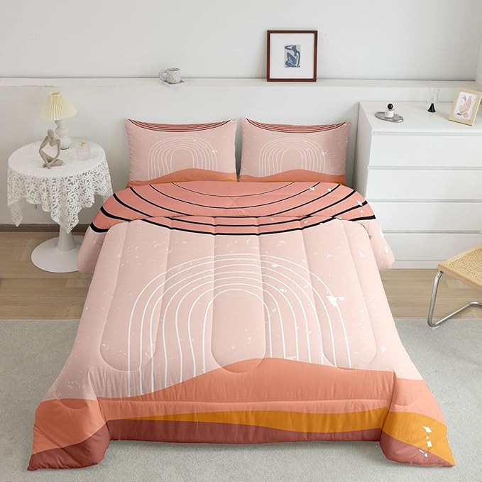Erosebridal Pink Aesthetic Comforter Set King Girly Minimalist Bedding Set for Girls Women, Modern Bedding Comforter Sets Mid Century Duvet Sets, Boho Abstract Art Quilted Comforter Microfiber