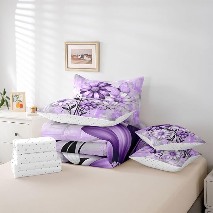 Feelyou Purple Floral Comforter Set with Sheets 7 Piece King Size Daisy Blossom Flowers Pattern Bedding Set for Kids Boys Girls Abstract Geometric Art Bed in a Bag Room Decor Microfiber