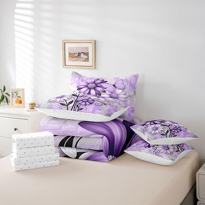 Feelyou Purple Floral Comforter Set with Sheets 7 Piece King Size Daisy Blossom Flowers Pattern Bedding Set for Kids Boys Girls Abstract Geometric Art Bed in a Bag Room Decor Microfiber