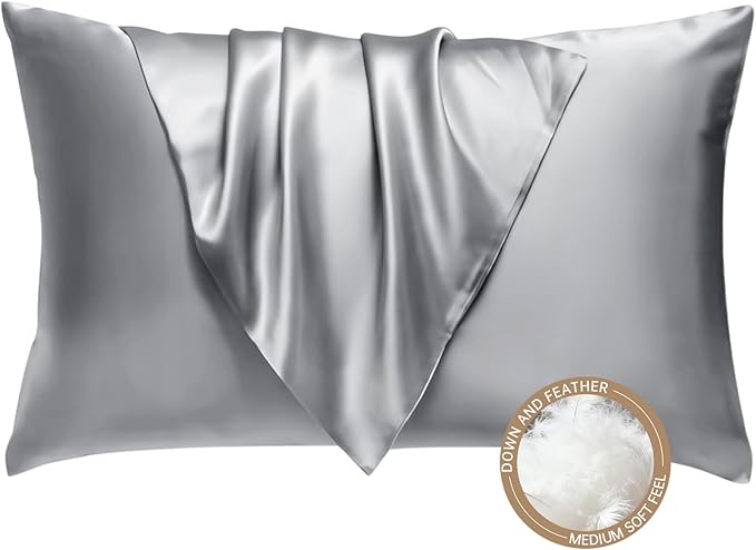 BHZ Grey Satin Goose Down Feather Pillows Standard Size with Pillowcase for Hair and Skin, Cooling Pillow Cases Similar to Silk Pillow Cases, Decorative for Women, Mom Men