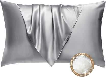 BHZ Grey Satin Goose Down Feather Pillows Standard Size with Pillowcase for Hair and Skin, Cooling Pillow Cases Similar to Silk Pillow Cases, Decorative for Women, Mom Men