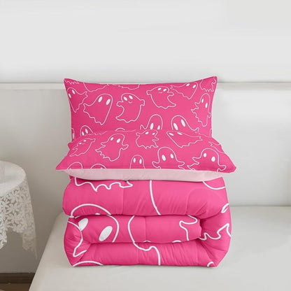 Erosebridal Girls Hallloween Ghost Bedding Set Full, Kawaii Ghost Comforter Set, Cute Pink Spooky Comforter for Kids Teens Women Bedroom Decor, Funny Halloween Decor Quilt