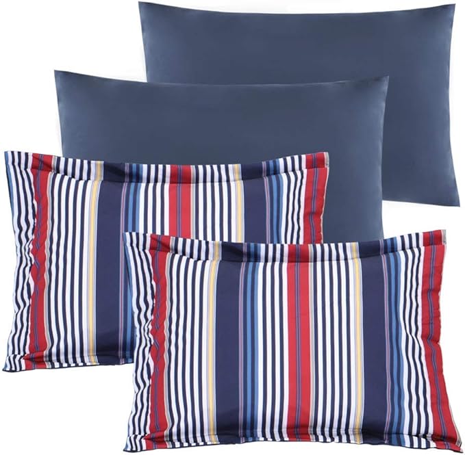 EMME Queen Comforter Set-Bed in A Bag Striped, 7 Piece Navy Red Bedding Sets Queen Size with Sheets, Full Size Comforter, Pillowcases&Shams, Soft Down Alternative Bed Set for All Season