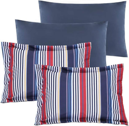 EMME Queen Comforter Set-Bed in A Bag Striped, 7 Piece Navy Red Bedding Sets Queen Size with Sheets, Full Size Comforter, Pillowcases&Shams, Soft Down Alternative Bed Set for All Season