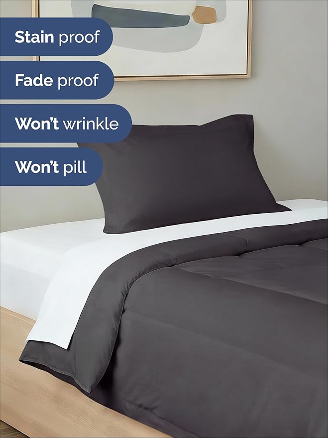 Twin XL Comforter Set - 2 Piece Bed Set for All Seasons - 1 Soft Quilted Comforter w/ Corner Tabs & 1 Pillow Sham - Comfy & Breathable - Premium Down Duvet Insert - Oeko-TEX - Twin XL Size, Dark Grey