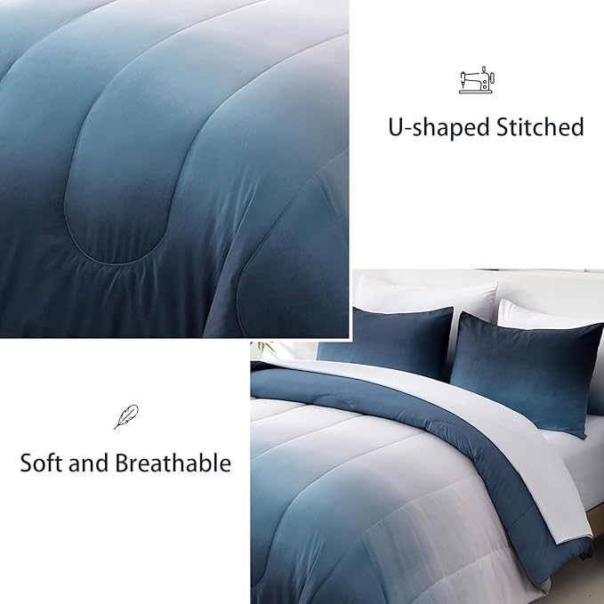Anibedding Gradient Blue Twin Comforter Set - 6 Pieces Ombre Navy Blue White Microfiber Bed in a Bag - All Season Down Alternative Light Ocean Sea Blue Abstract Bedding Set for Teen Boys Girls Women