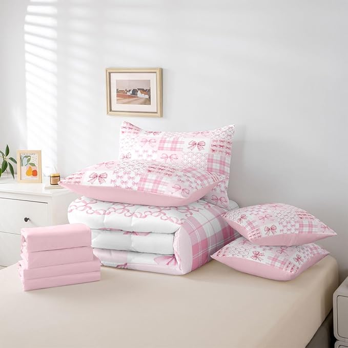 Feelyou Pink Bow Comforter Set with Sheets 7 Piece Full Size Cute Bowknot Bedding Set for Kids Boys Girls Bow Plaid Grid Bed in a Bag Princess Decor Room Decor Soft Lightweight Microfiber